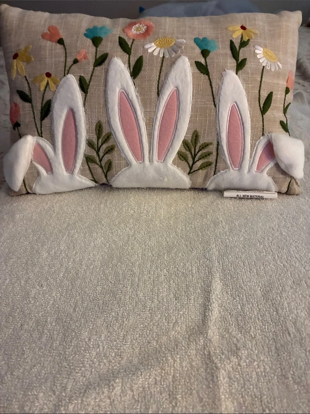 Pre-owned “Bunny Lumbar” Embroidered Bunny Ears Decorative Pillow-Pink & White